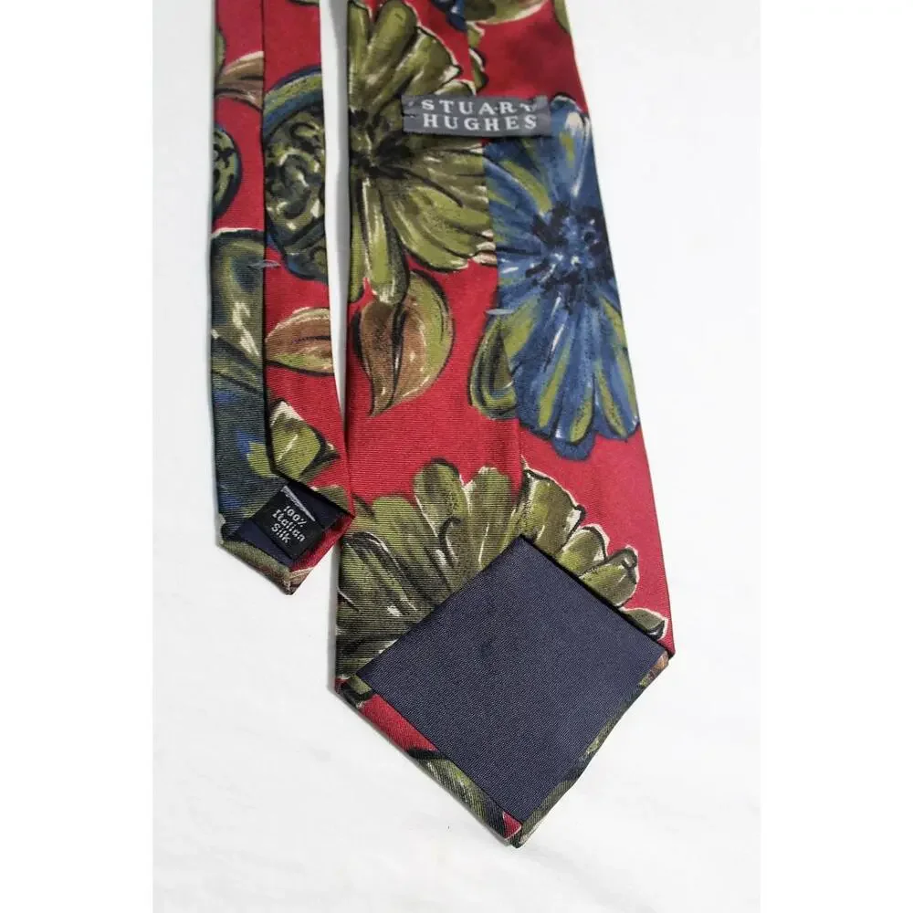 Vintage STUART HUGHES Silk Necktie, Maroon-Blue-Green, 4 X 56 Inches